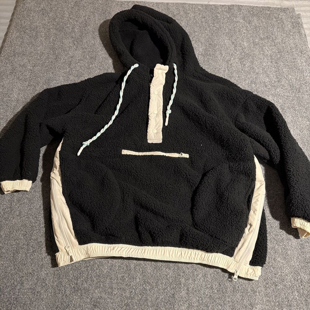 Altar’d State Sherpa 1/4 Zip Pullover Jacket Womens Medium Black Hooded Pockets